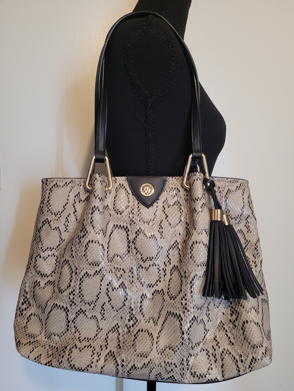 Anne Klein Snakeskin Print Tote with Black Tassel Accents Gold Lion EUC